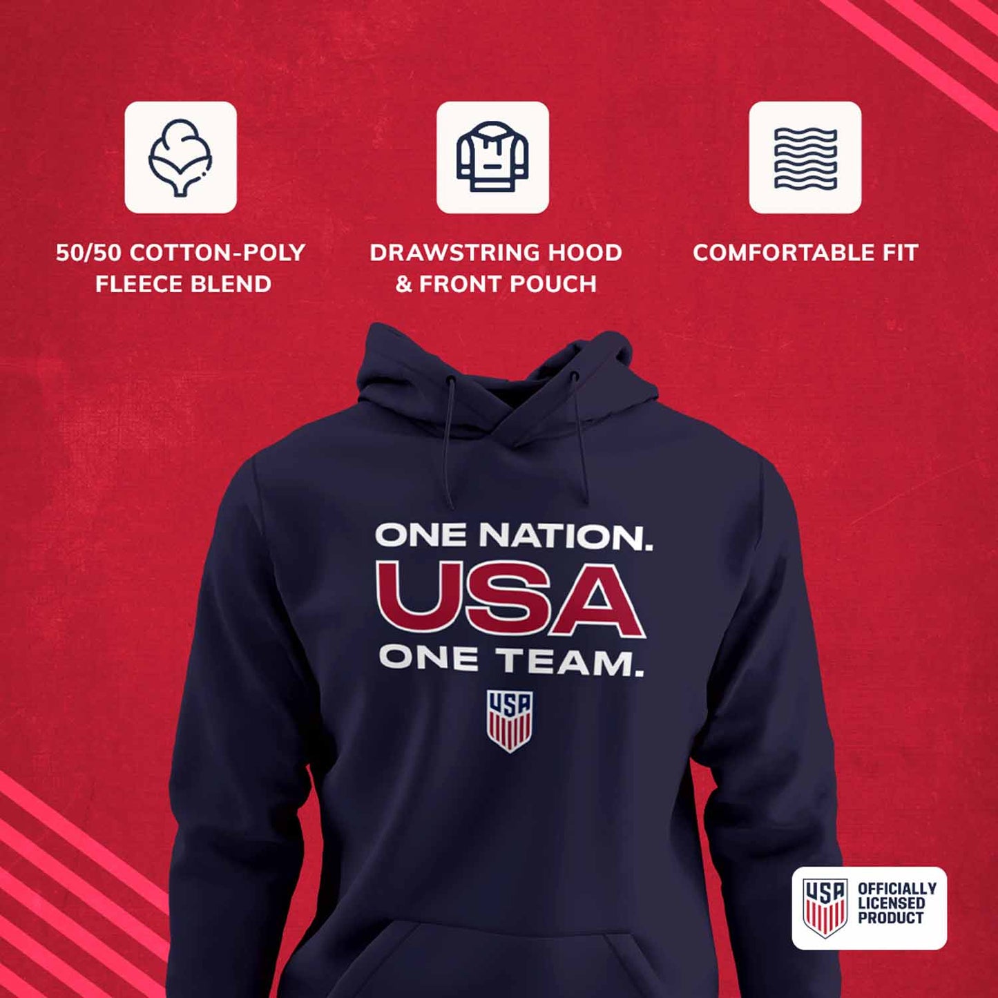 USA National Team The Victory Officially Licensed Unisex Adult US National Soccer Team One Nation One Team Slogan Hooded Sweatshirt - Navy