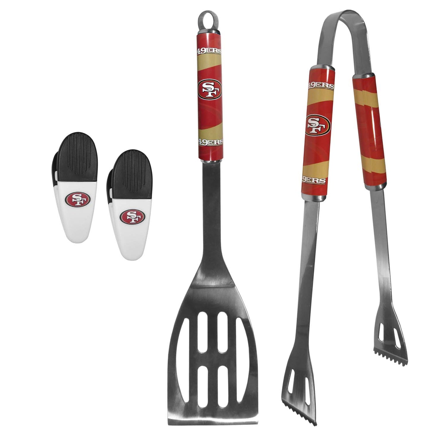 San Francisco 49ers NFL Two Piece Grilling Tools Set with 2 Magnet Chip Clips - Chrome