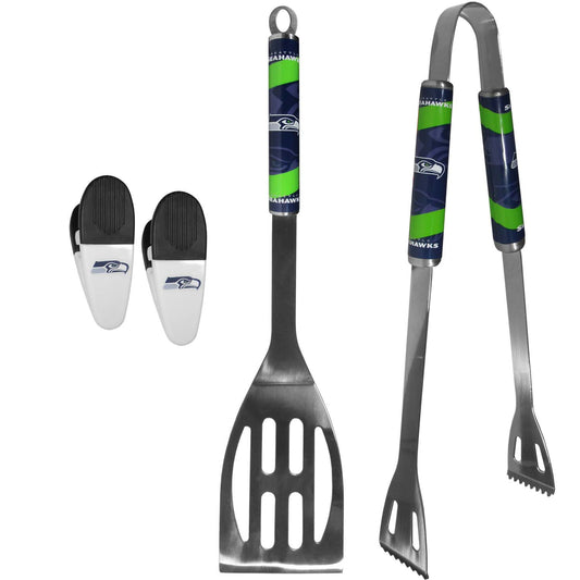Seattle Seahawks NFL Two Piece Grilling Tools Set with 2 Magnet Chip Clips - Chrome
