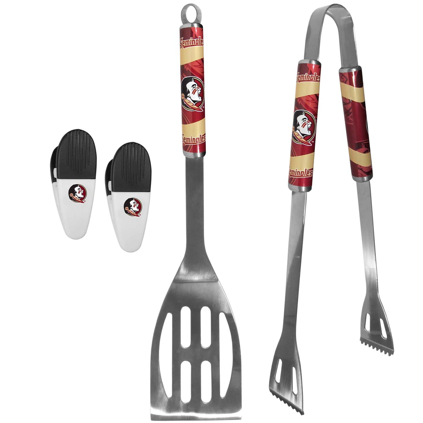Florida State Seminoles Collegiate University Two Piece Grilling Tools Set with 2 Magnet Chip Clips - Chrome