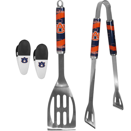 Auburn Tigers Collegiate University Two Piece Grilling Tools Set with 2 Magnet Chip Clips - Chrome