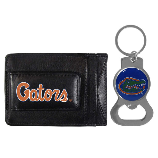 Florida Gators School Logo Leather Card/Cash Holder and Bottle Opener Keychain Bundle - Black