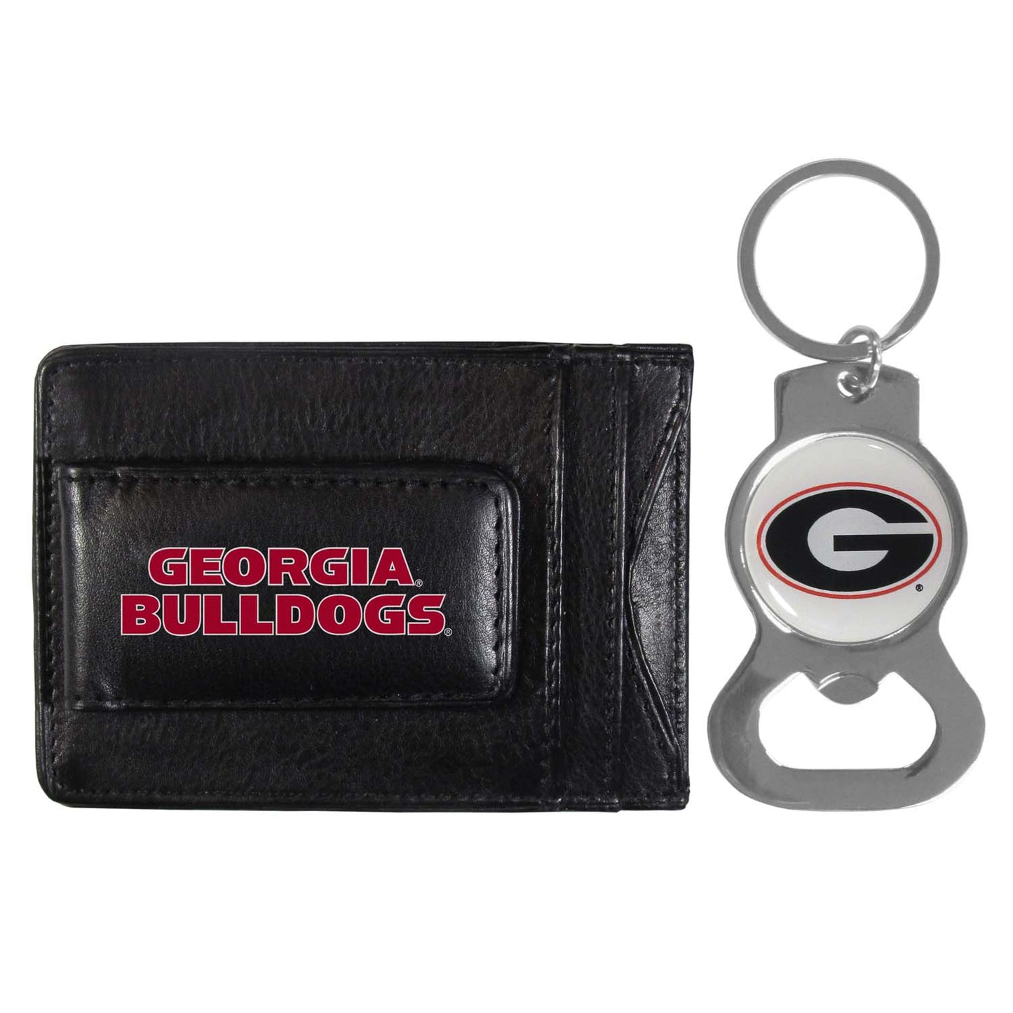 Georgia Bulldogs School Logo Leather Card/Cash Holder and Bottle Opener Keychain Bundle - Black
