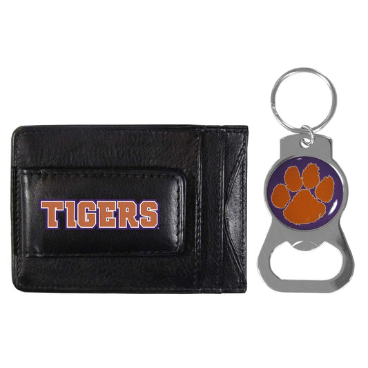 Clemson Tigers School Logo Leather Card/Cash Holder and Bottle Opener Keychain Bundle - Black