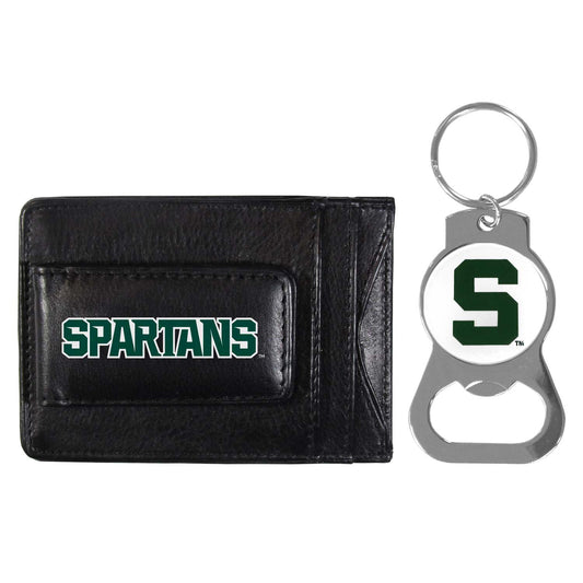 Michigan State Spartans School Logo Leather Card/Cash Holder and Bottle Opener Keychain Bundle - Black