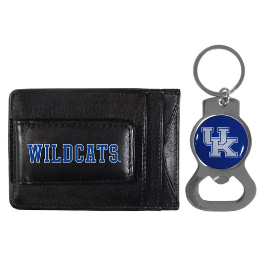Kentucky Wildcats School Logo Leather Card/Cash Holder and Bottle Opener Keychain Bundle - Black