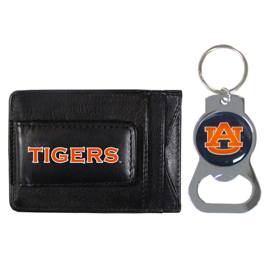 Auburn Tigers School Logo Leather Card/Cash Holder and Bottle Opener Keychain Bundle - Black