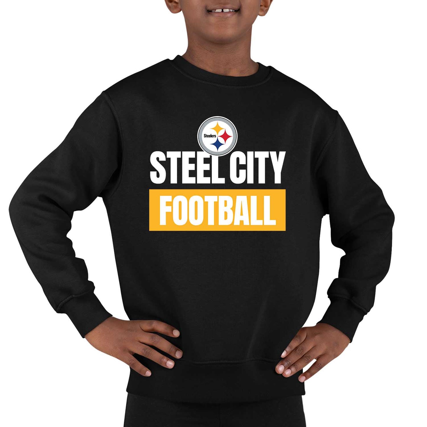 Pittsburgh Steelers NFL Youth Team Slogan crewneck Sweatshirt - Black