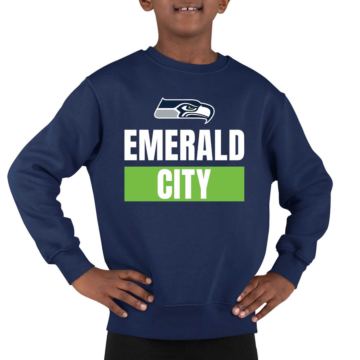 Seattle Seahawks NFL Youth Team Slogan crewneck Sweatshirt - Navy