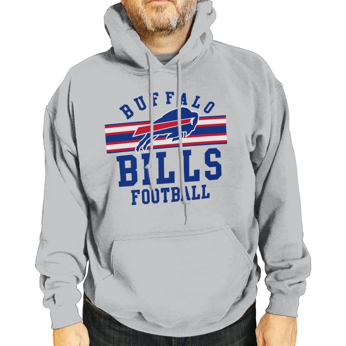 Buffalo Bills NFL Team Stripe Hooded Sweatshirt- Soft Pullover Sports Hoodie For Men & Women - Sport Gray