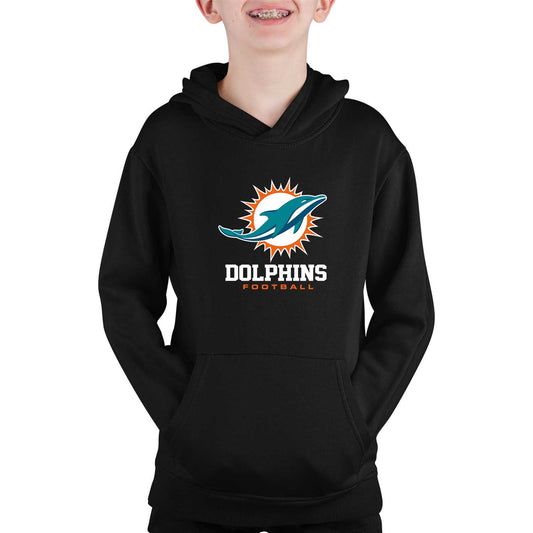 Miami Dolphins Youth NFL Ultimate Fan Logo Fleece Hooded Sweatshirt -Tagless Football Pullover For Kids - Black