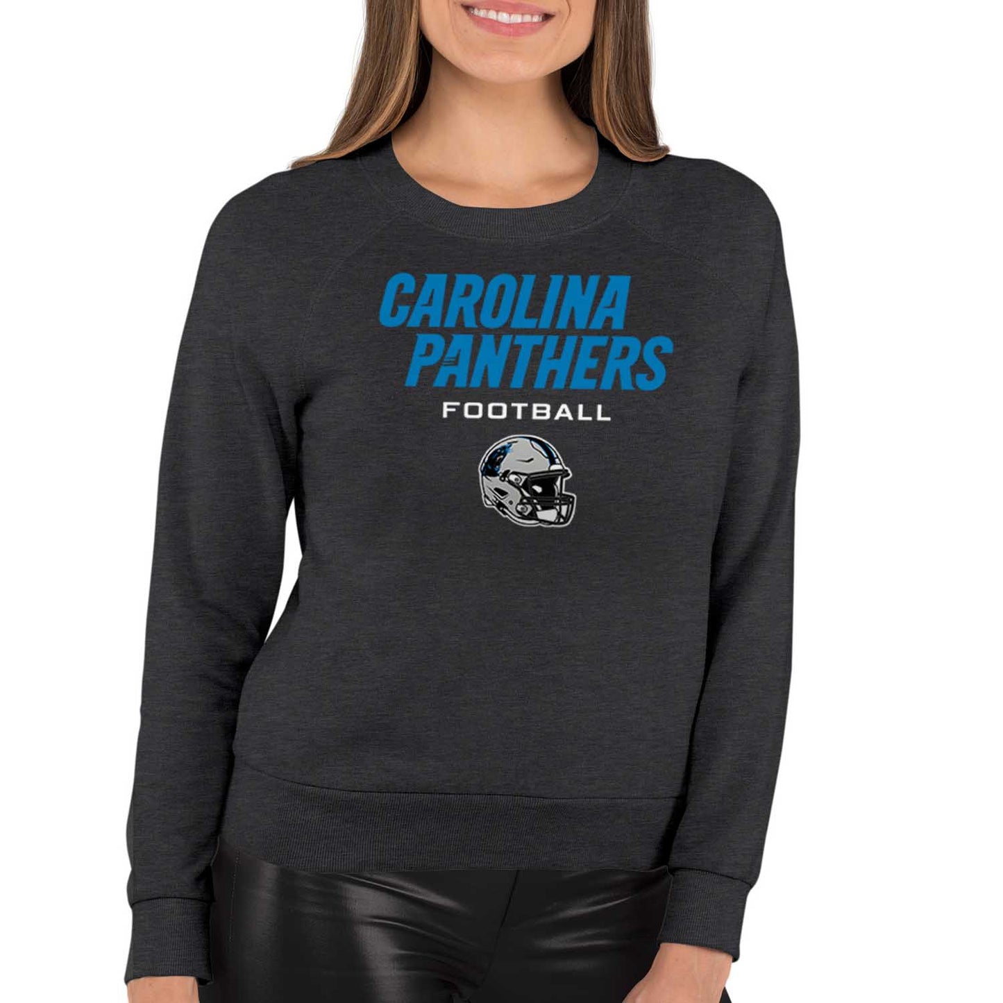 Carolina Panthers Women's NFL Football Helmet Charcoal Slouchy Crewneck -Tagless Lightweight Pullover - Charcoal