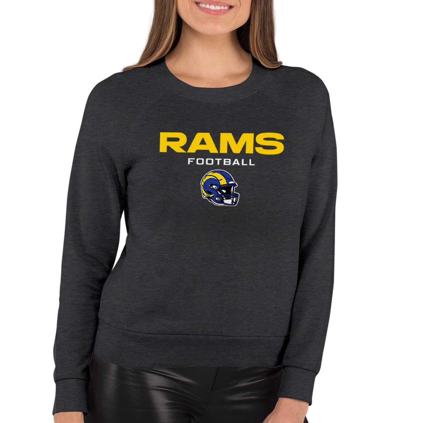 Los Angeles Rams Women's NFL Football Helmet Charcoal Slouchy Crewneck -Tagless Lightweight Pullover - Charcoal