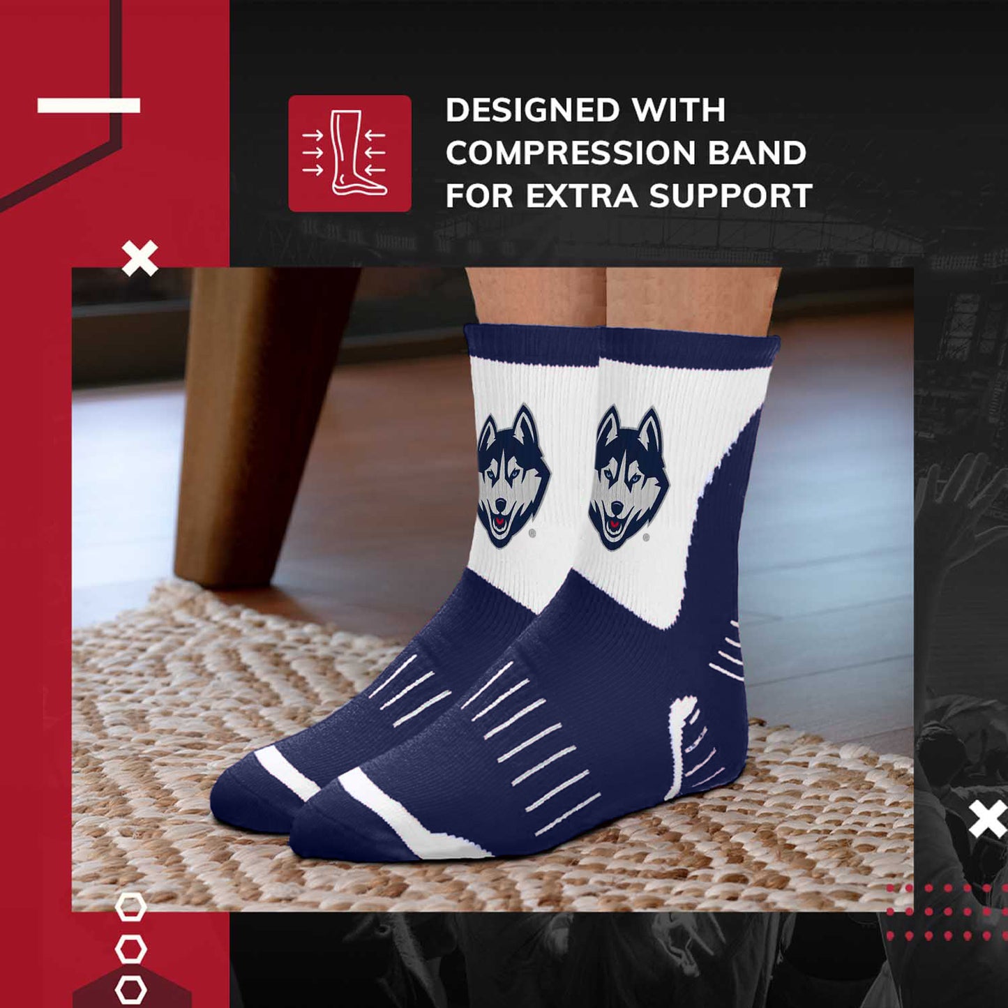 UCONN Huskies Youth Surge Crew Socks Sports Fan For Boys and Girls with Logo - Navy