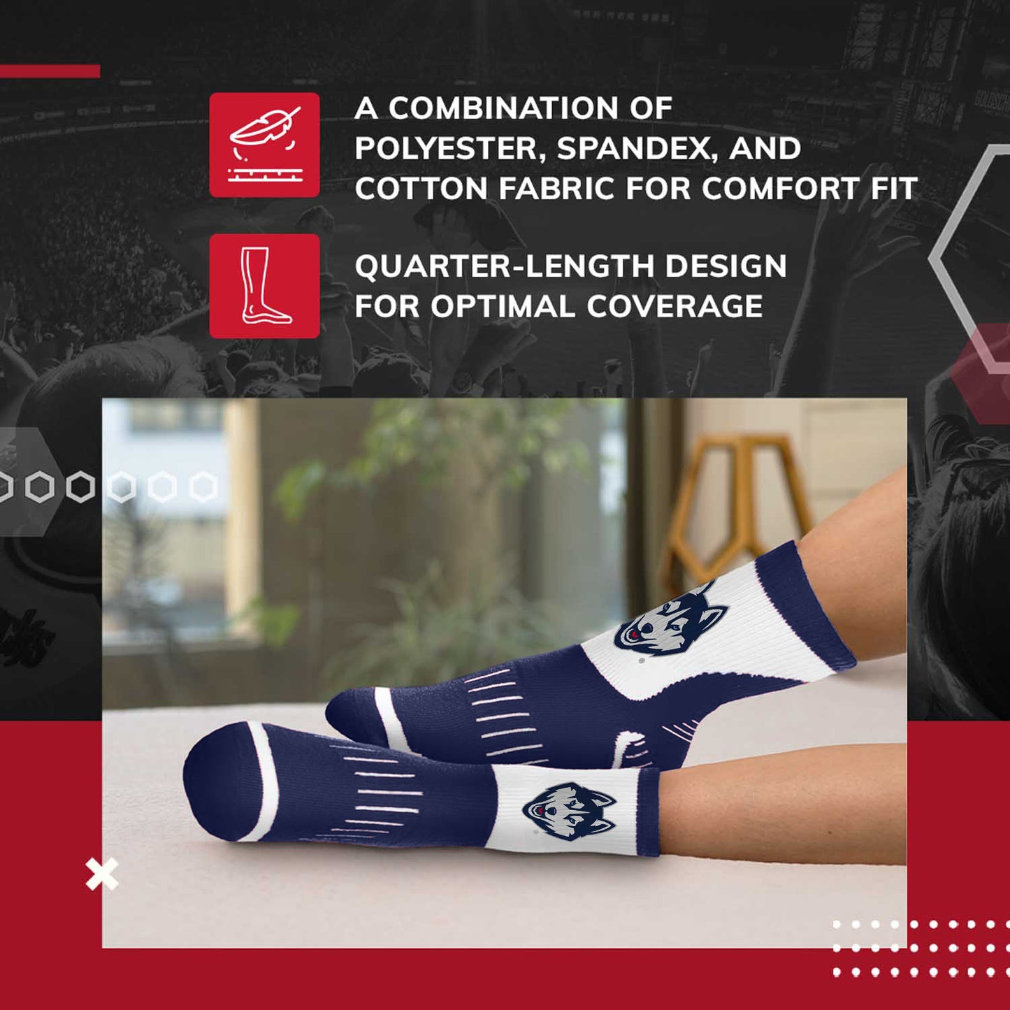 UCONN Huskies Youth Surge Crew Socks Sports Fan For Boys and Girls with Logo - Navy