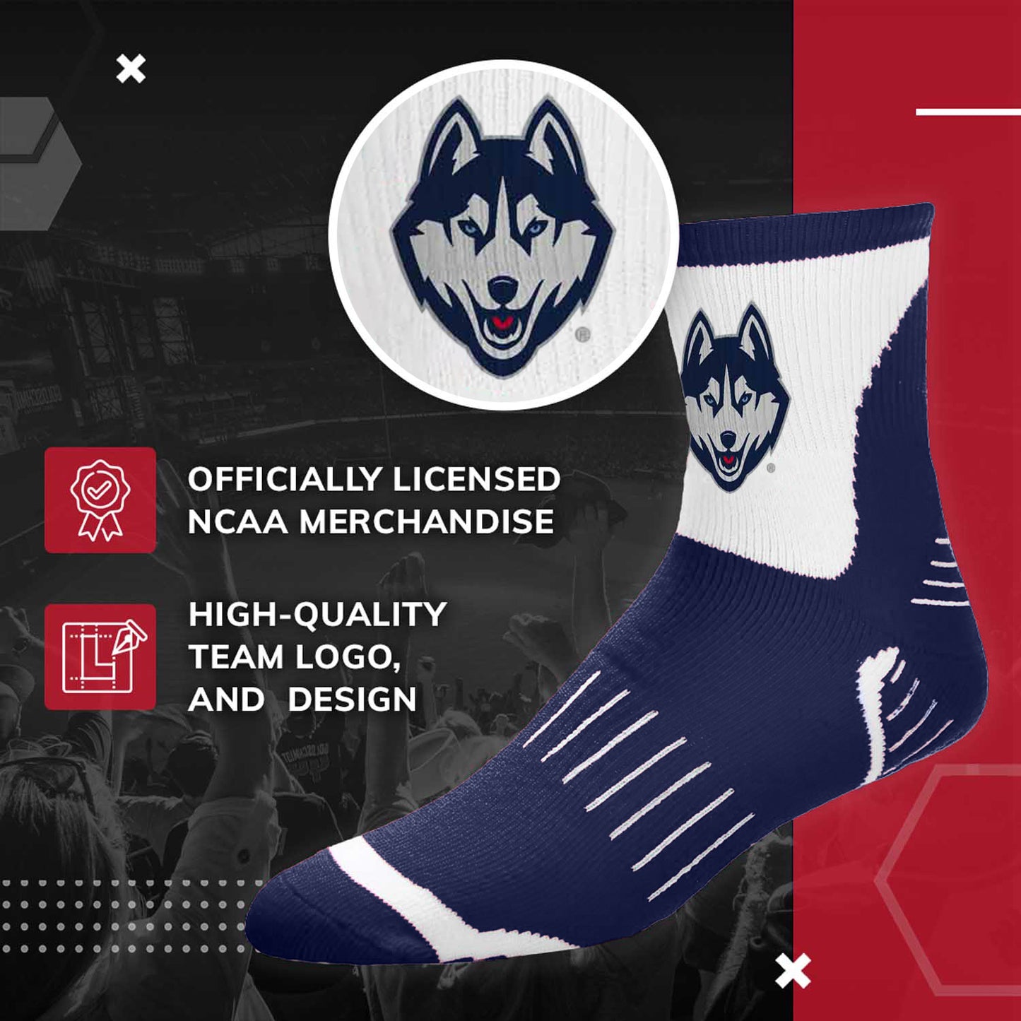 UCONN Huskies Youth Surge Crew Socks Sports Fan For Boys and Girls with Logo - Navy