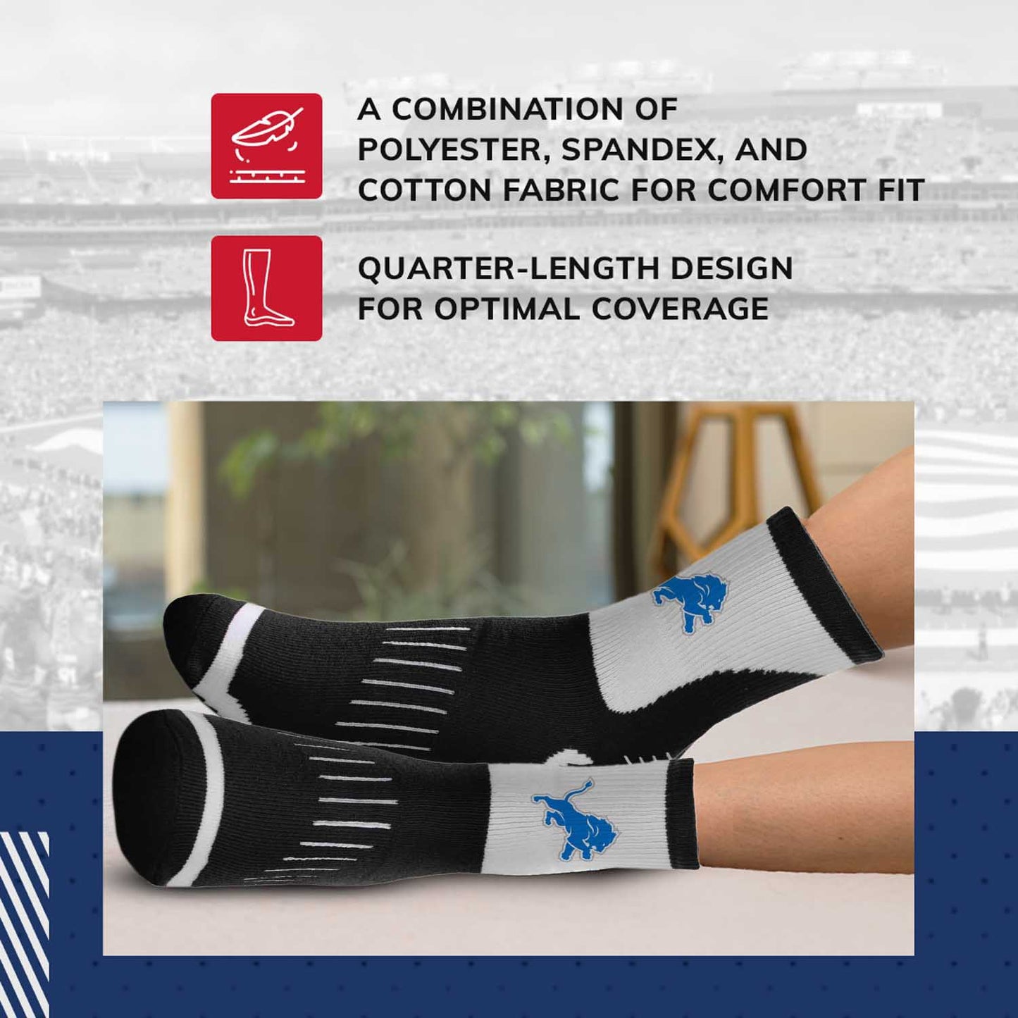 Detroit Lions NFL Performance Quarter Length Socks - Black