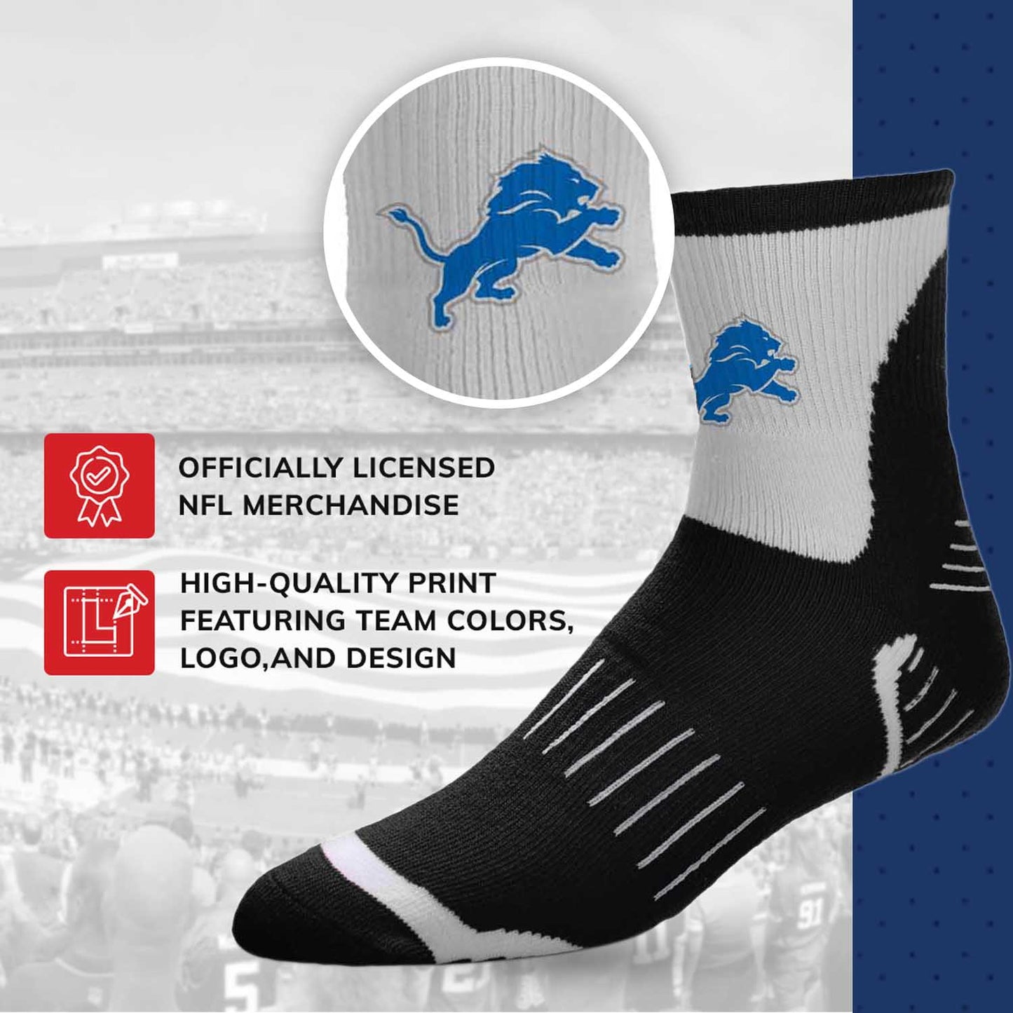 Detroit Lions NFL Performance Quarter Length Socks - Black