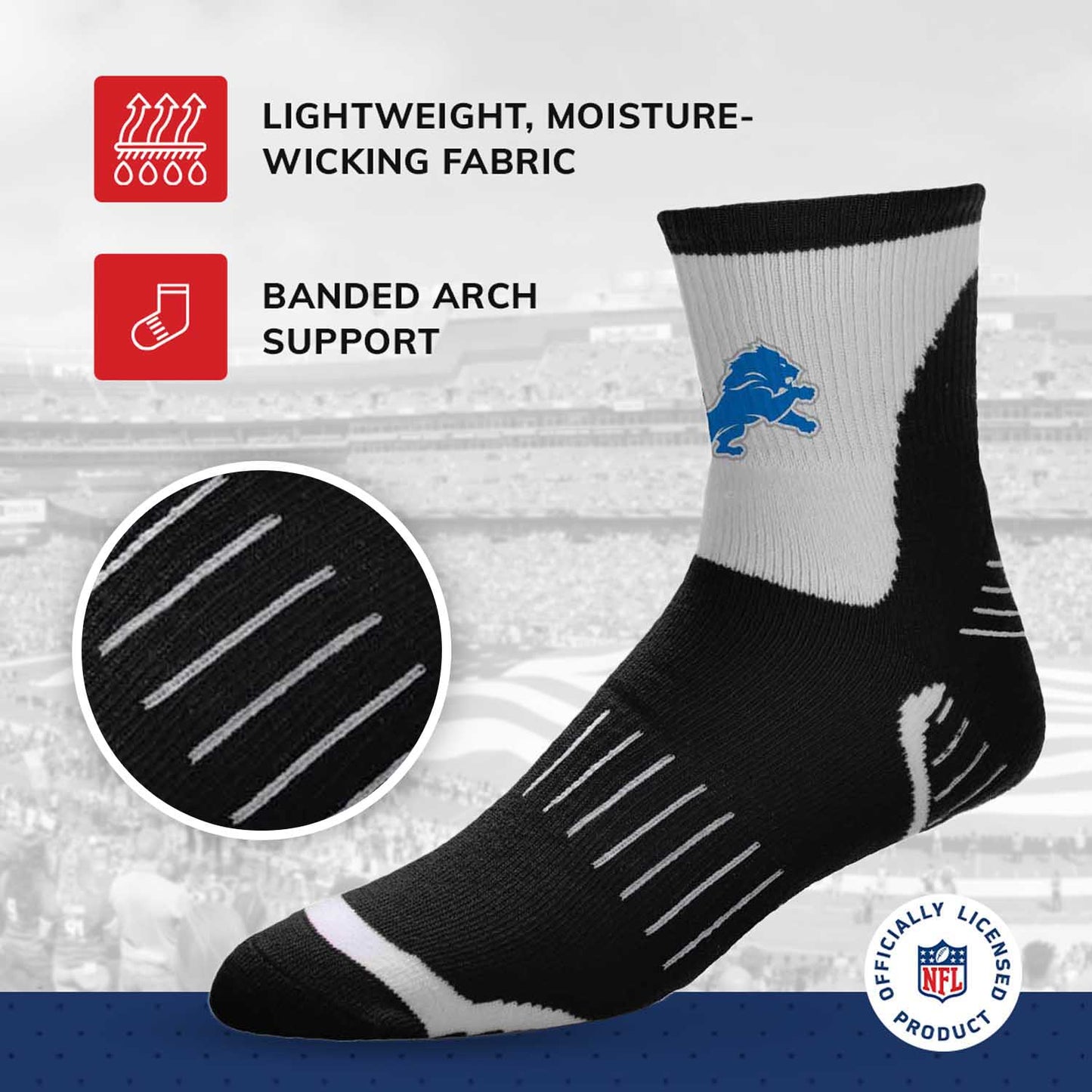 Detroit Lions NFL Performance Quarter Length Socks - Black