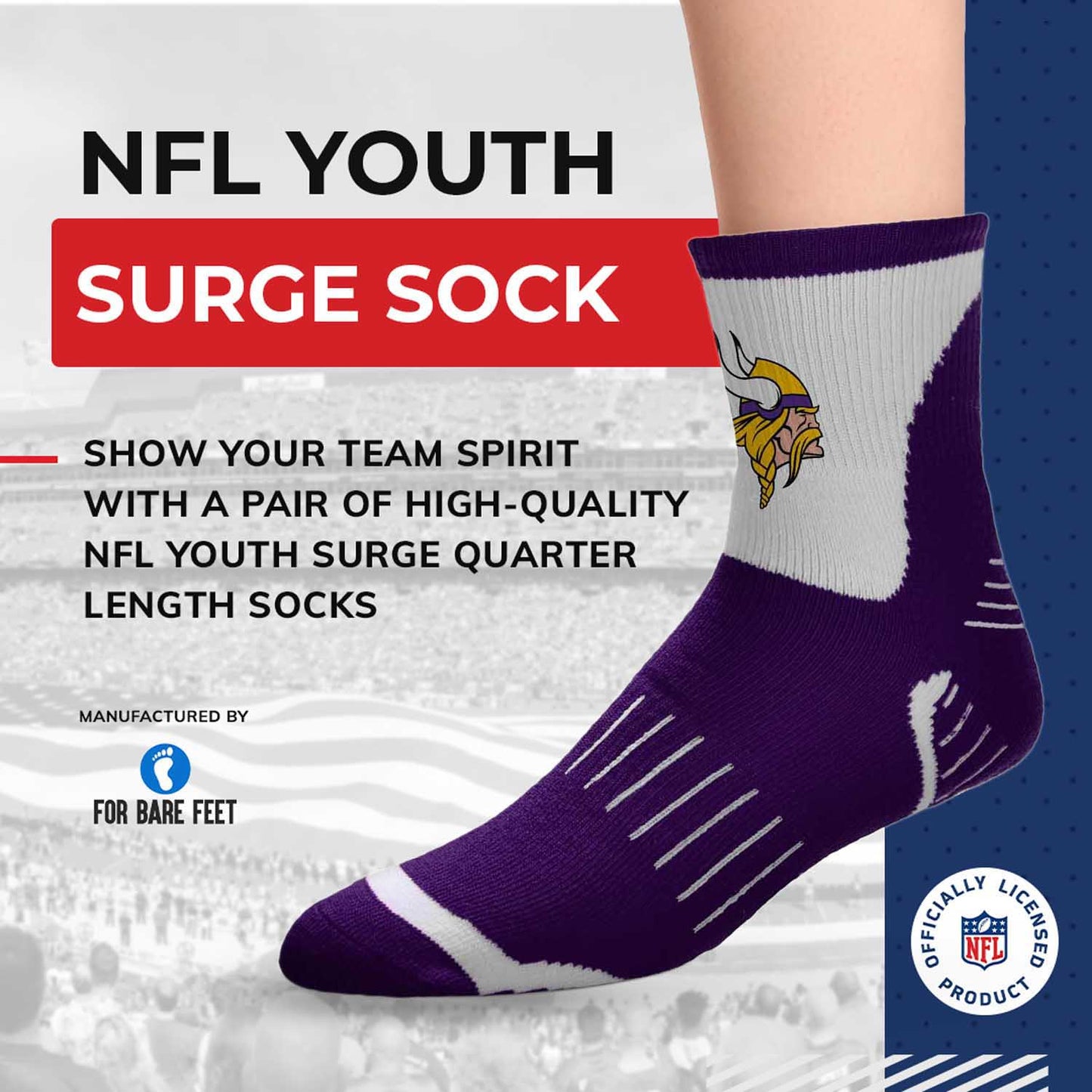 Minnesota Vikings NFL Youth Performance Quarter Length Socks - Purple