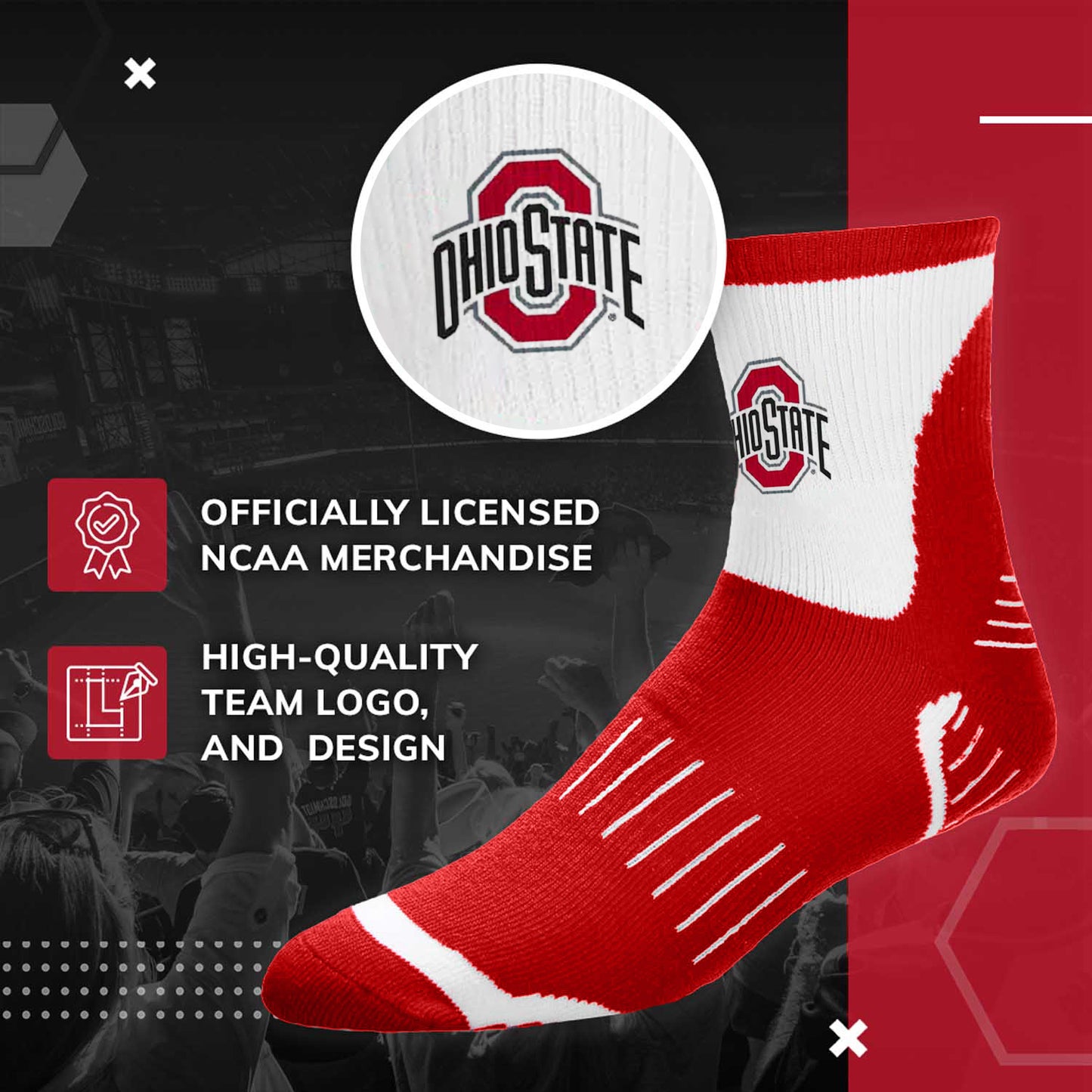 Ohio State Buckeyes Youth Surge Crew Socks Sports Fan For Boys and Girls with Logo - Red