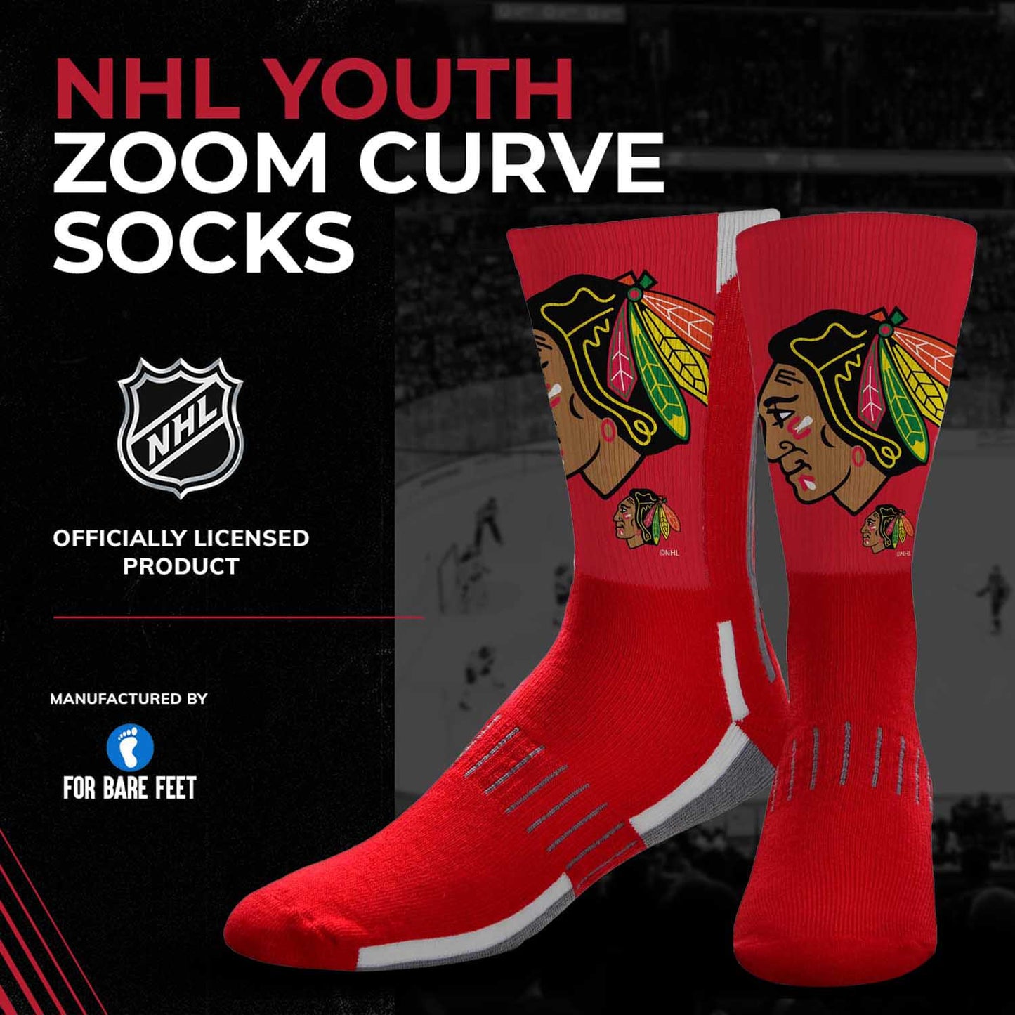 Chicago Blackhawks Youth NHL Zoom Curve Team Crew Socks - Red