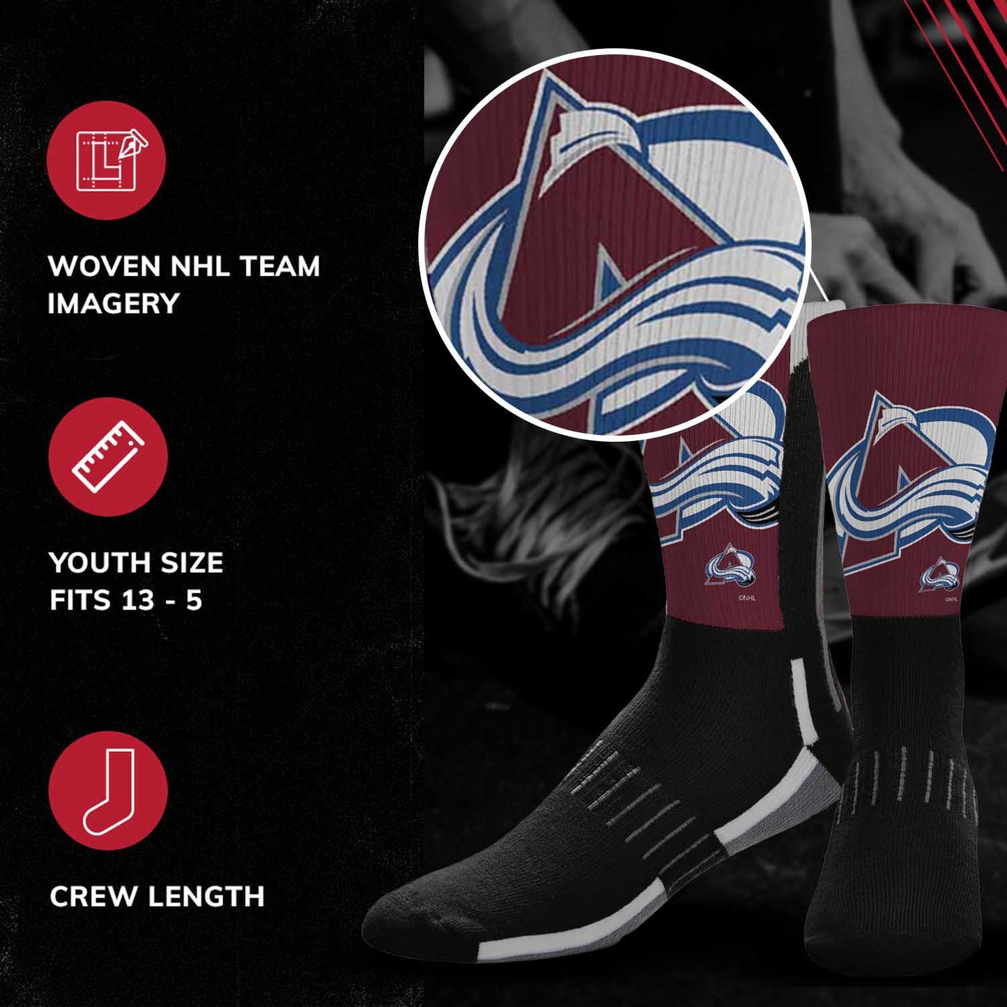 Colorado Avalanche Youth NHL Zoom Curve Team Crew Socks - Black