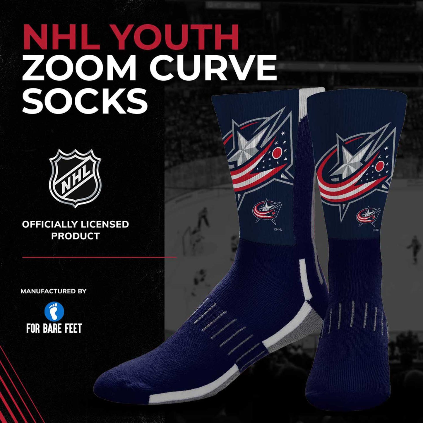 Columbus Blue Jackets Youth NHL Zoom Curve Team Crew Socks - Navy