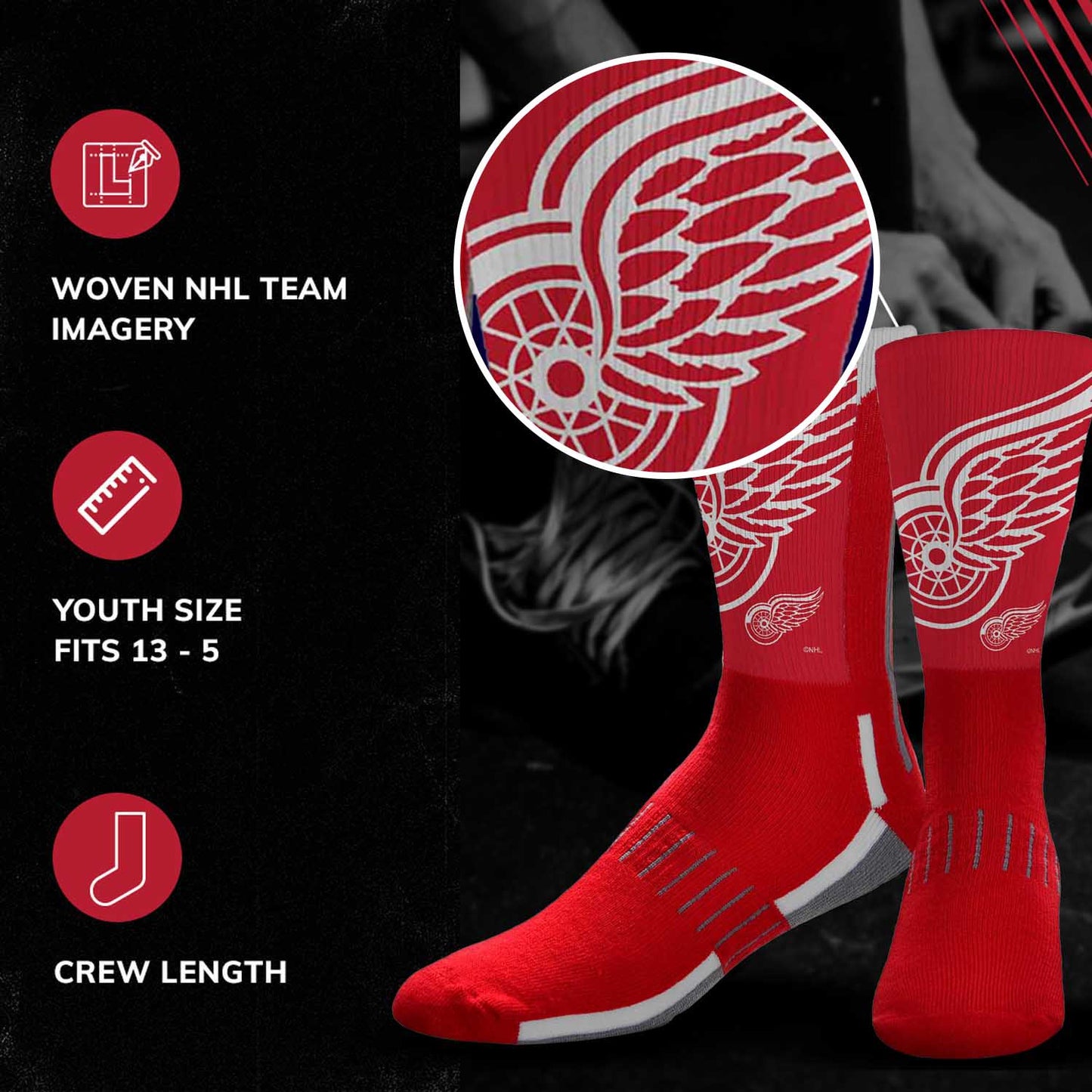 Detroit Red Wings Adult NHL Zoom Curve Team Crew Socks - Red