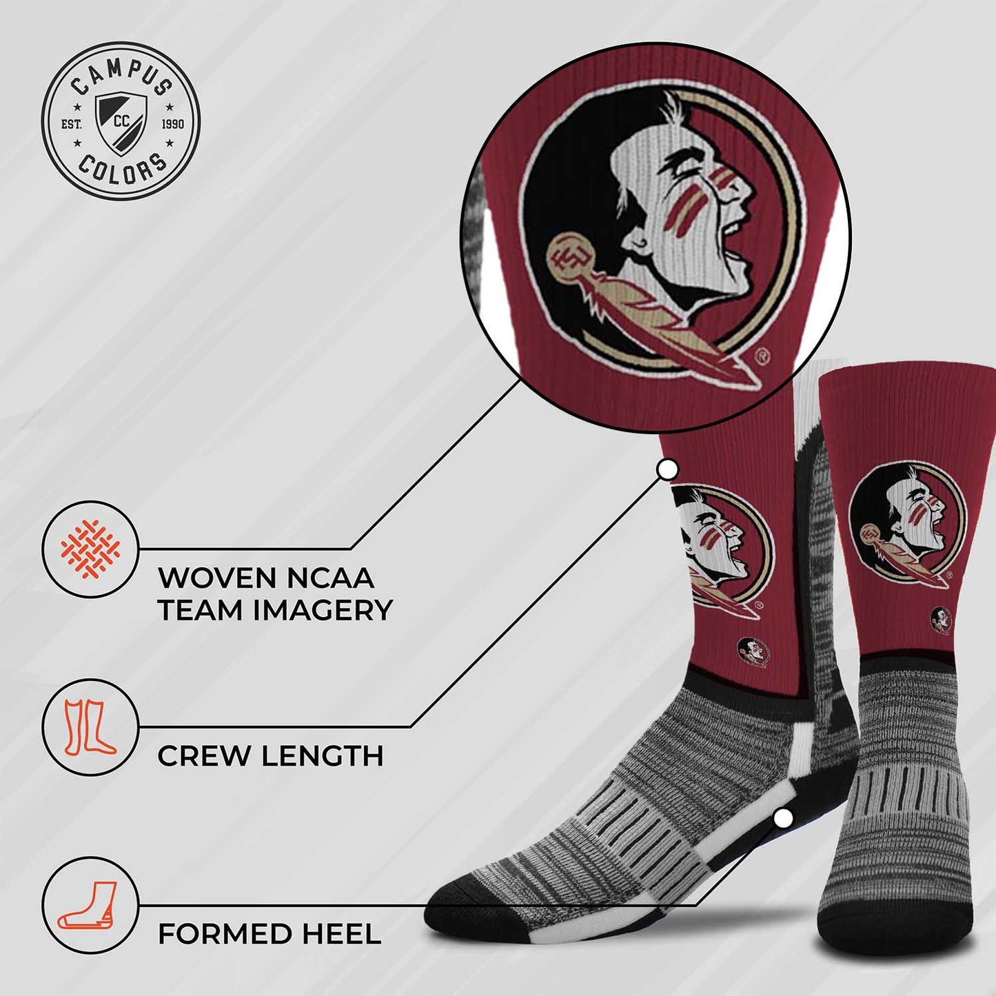 Florida State Seminoles NCAA Adult State and University Crew Socks - Maroon