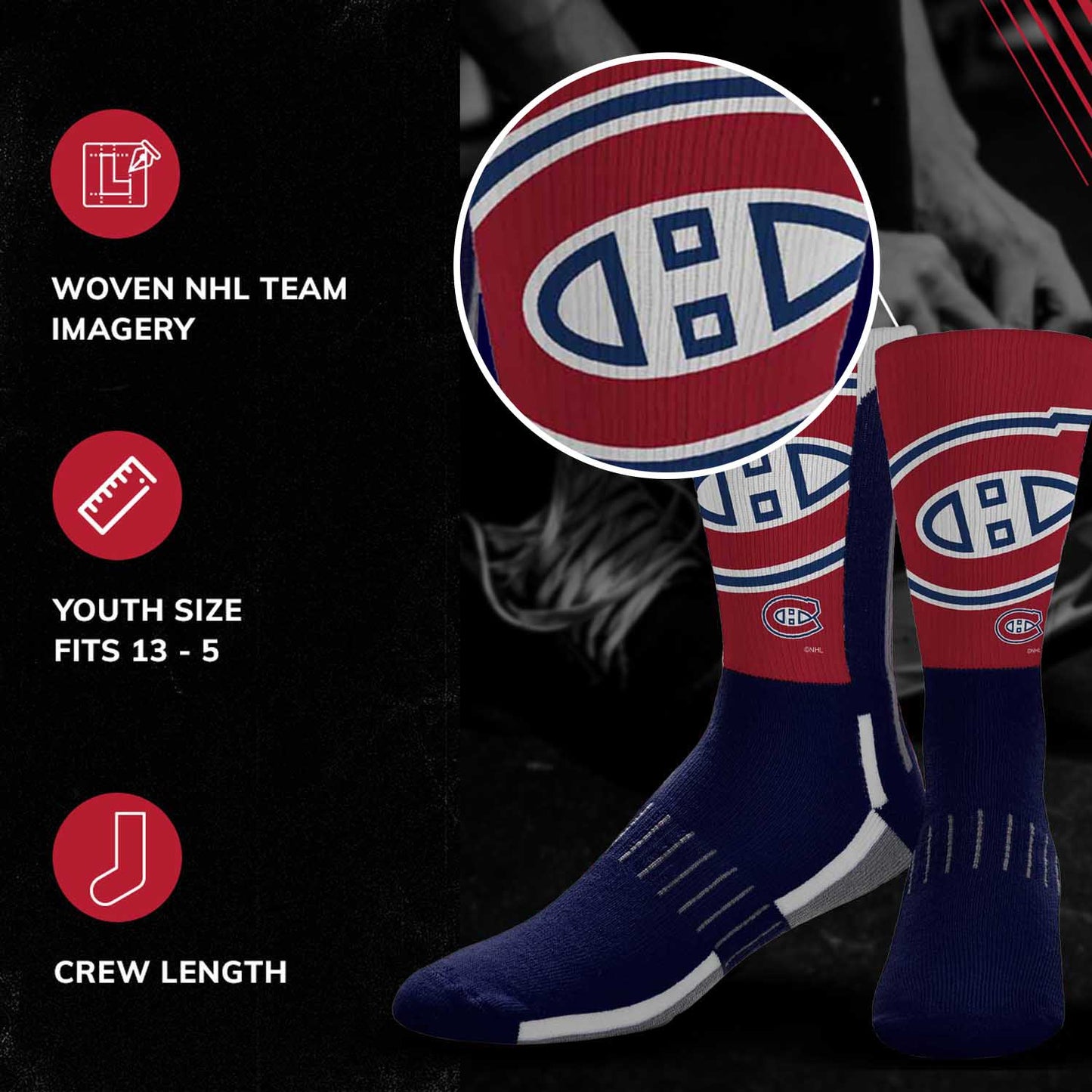 Montreal Canadiens Youth NHL Zoom Curve Team Crew Socks - Navy
