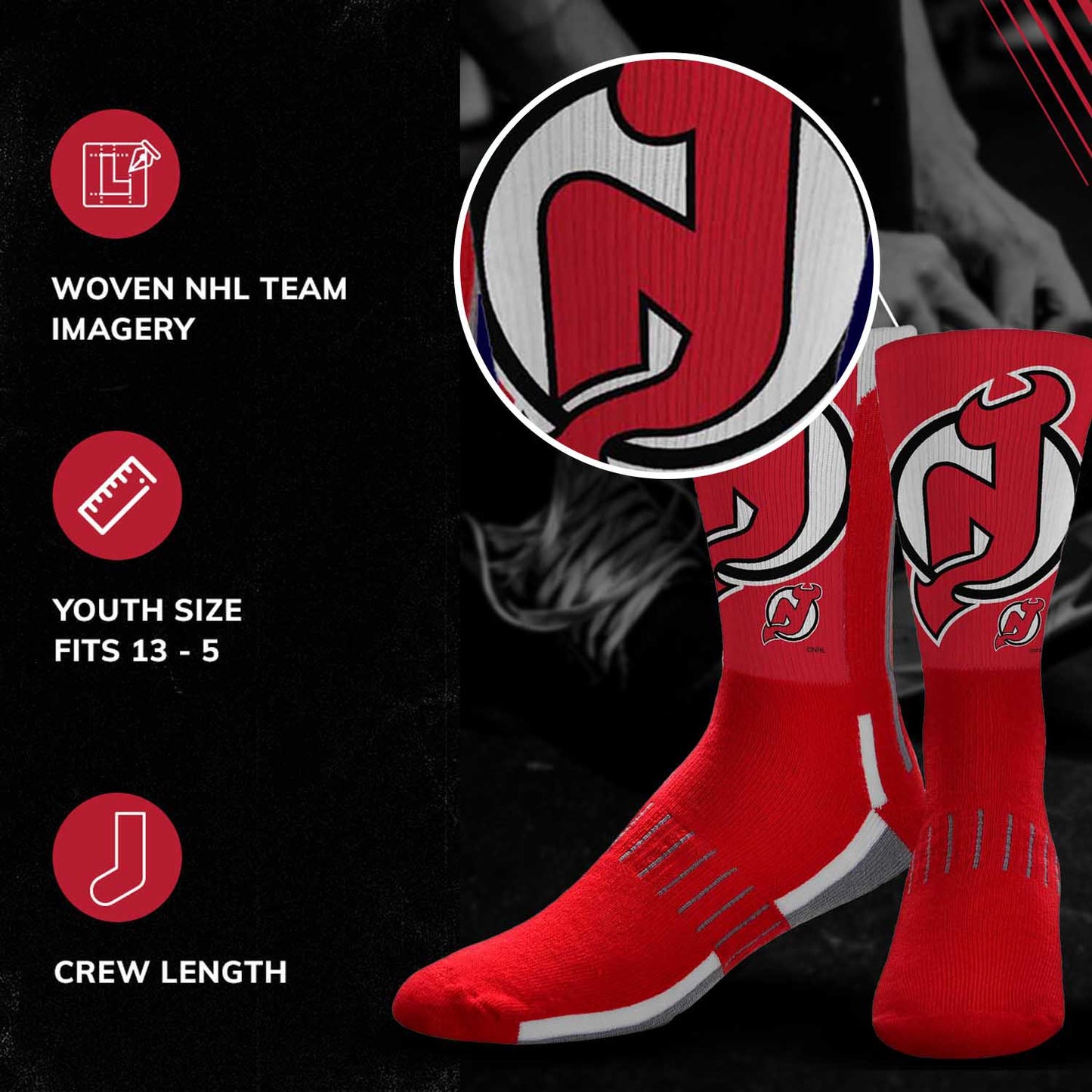 New Jersey Devils Youth NHL Zoom Curve Team Crew Socks - Red
