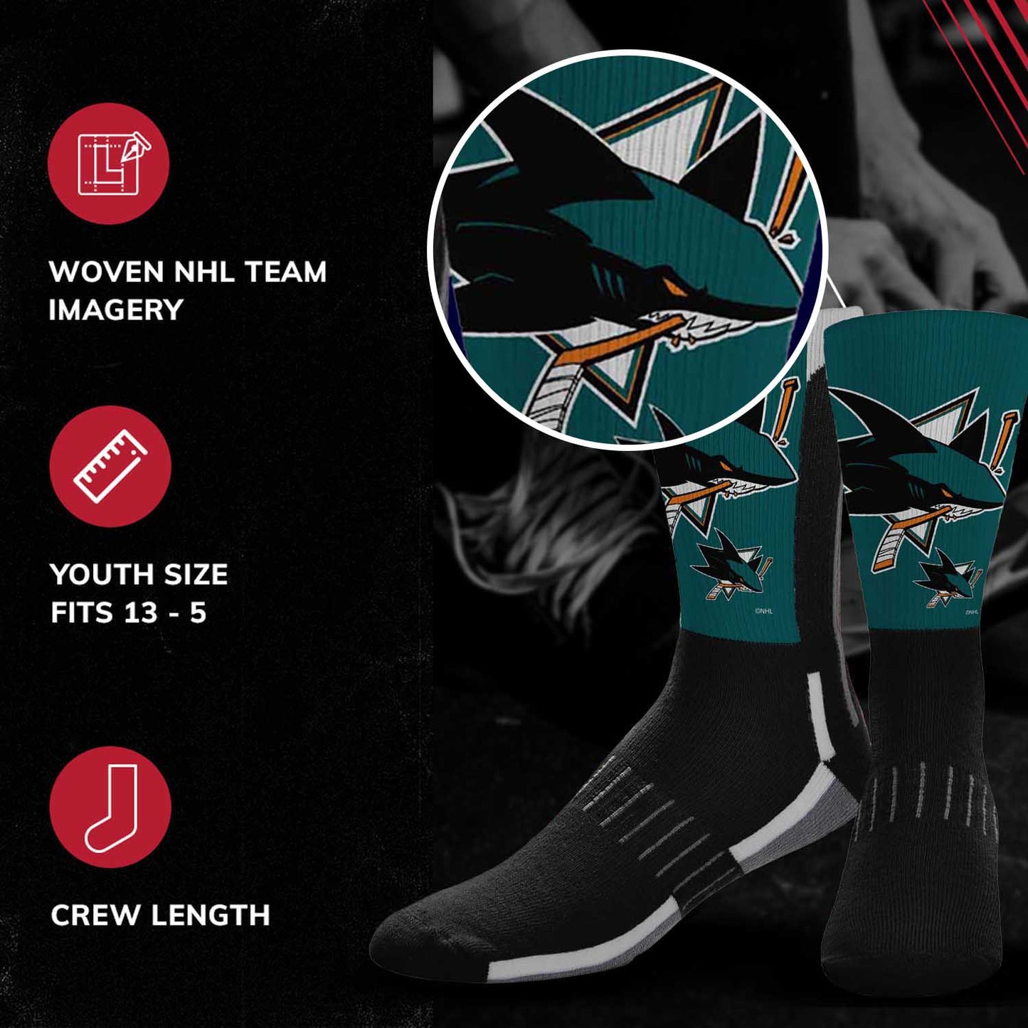 San Jose Sharks Youth NHL Zoom Curve Team Crew Socks - Black