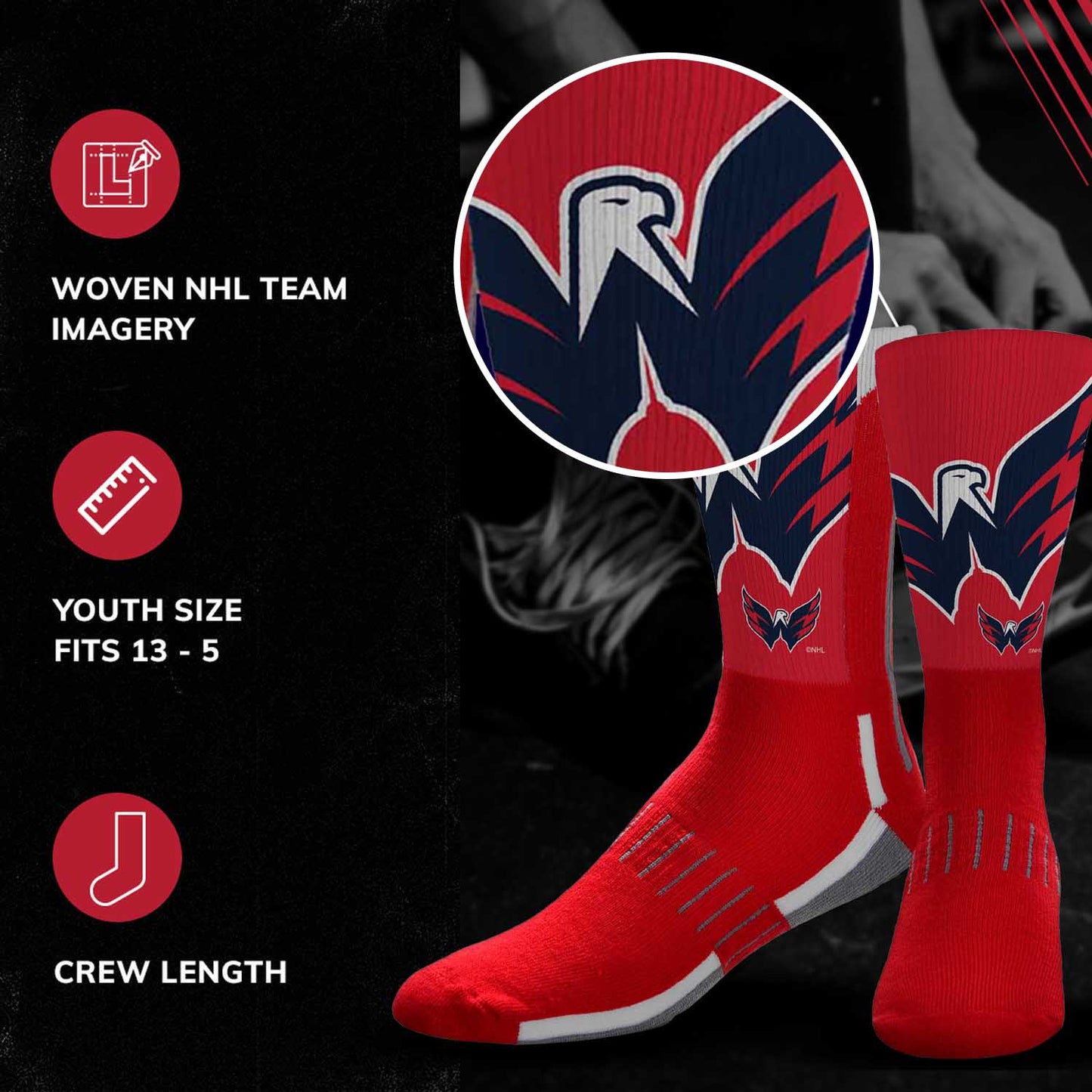 Washington Capitals Youth NHL Zoom Curve Team Crew Socks - Red