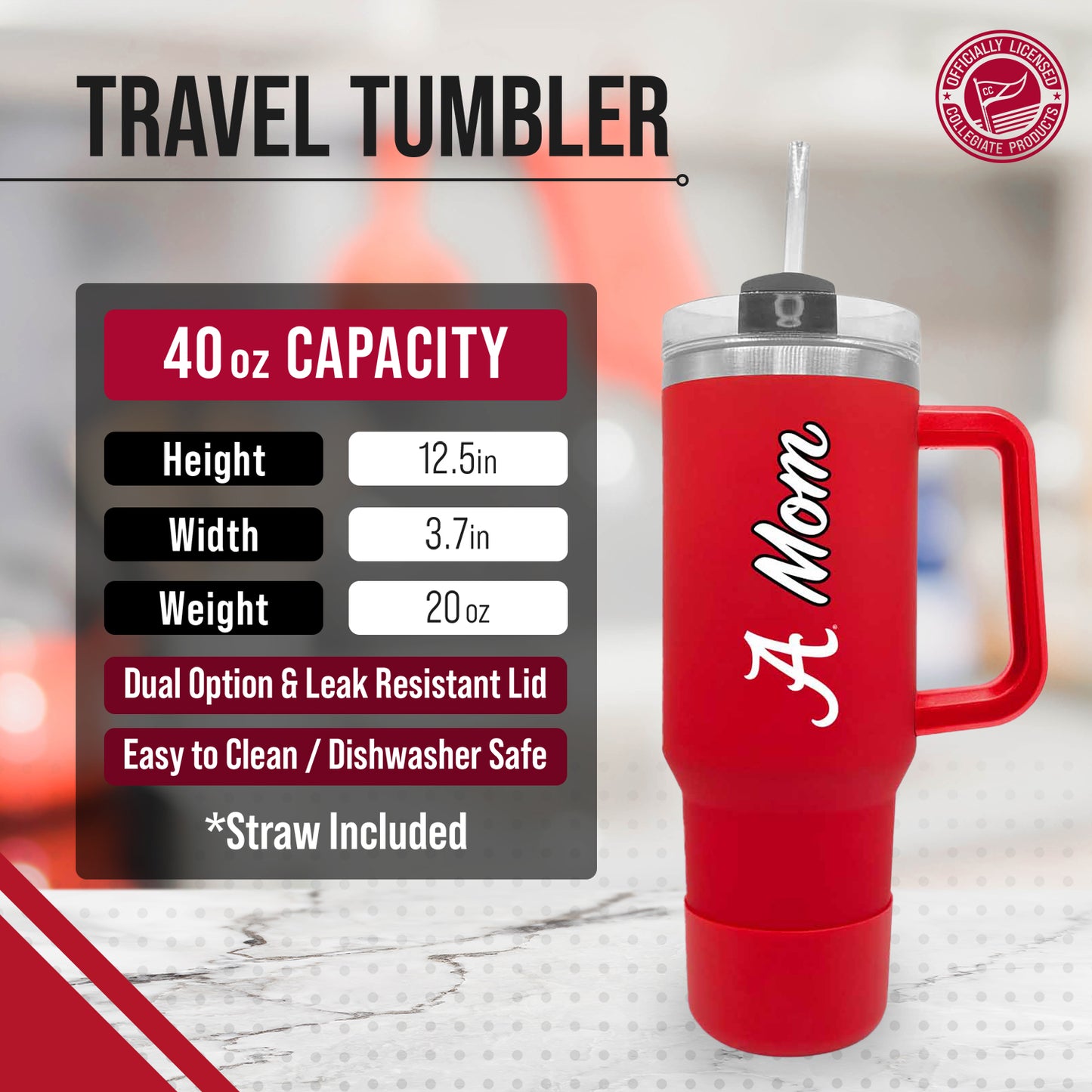 Alabama Crimson Tide Collegiate 40oz Stainless Steel Travel Tumbler with Handle for Mom - Crimson