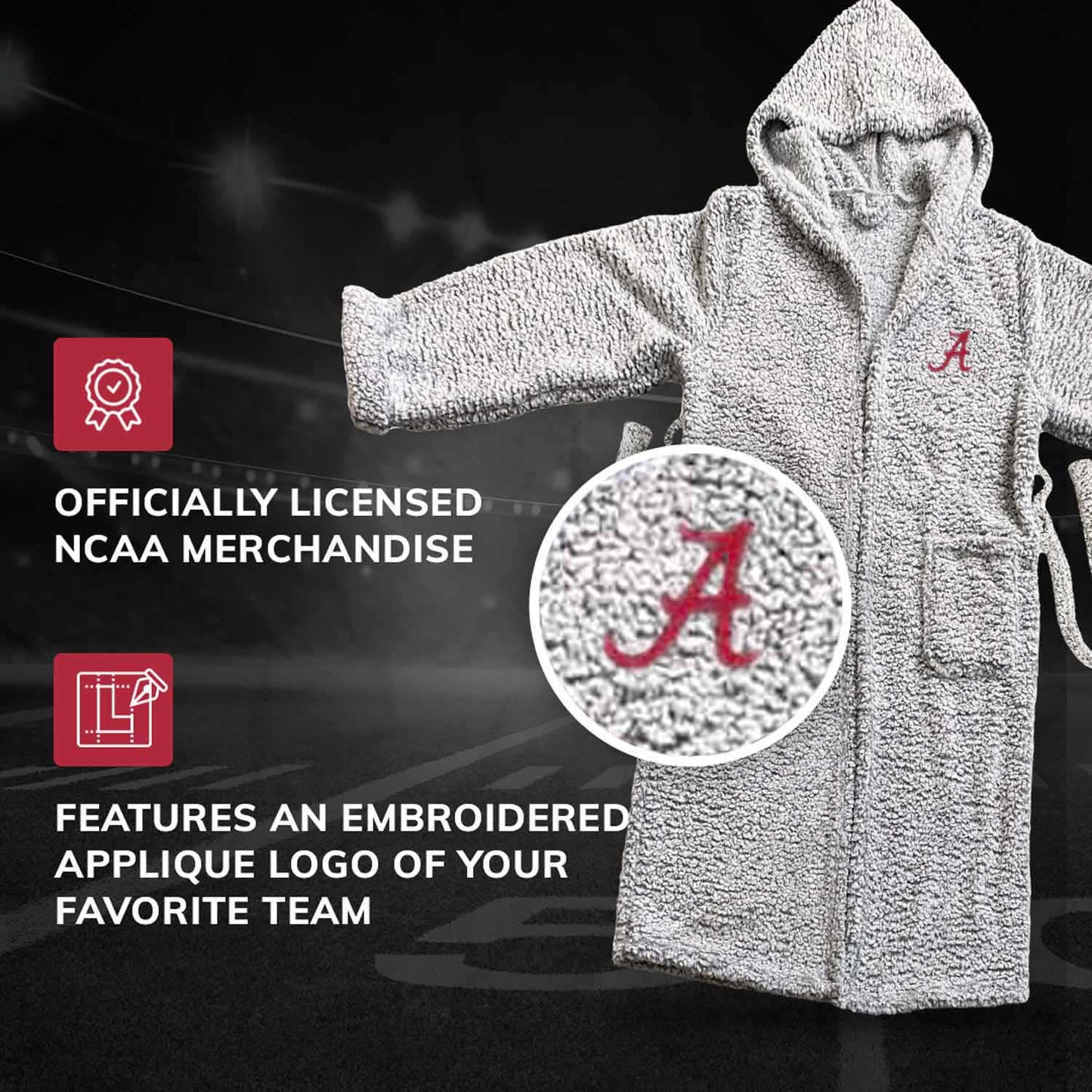 Alabama Crimson Tide NCAA Adult Plush Hooded Robe with Pockets - Gray