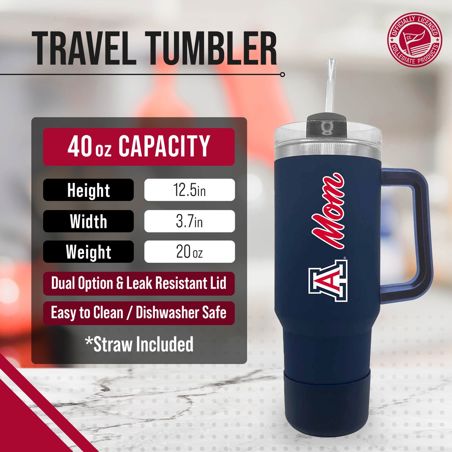 Arizona Wildcats Collegiate 40oz Stainless Steel Travel Tumbler with Handle for Mom - Navy
