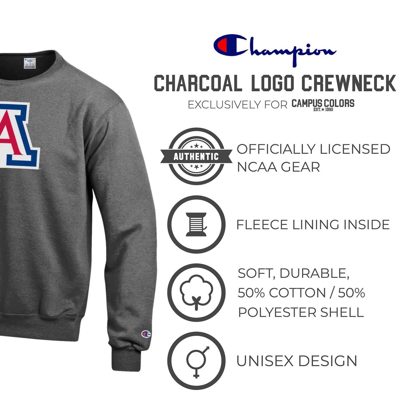 Arizona Wildcats Adult Mascot Fleece Crewneck - Charcoal