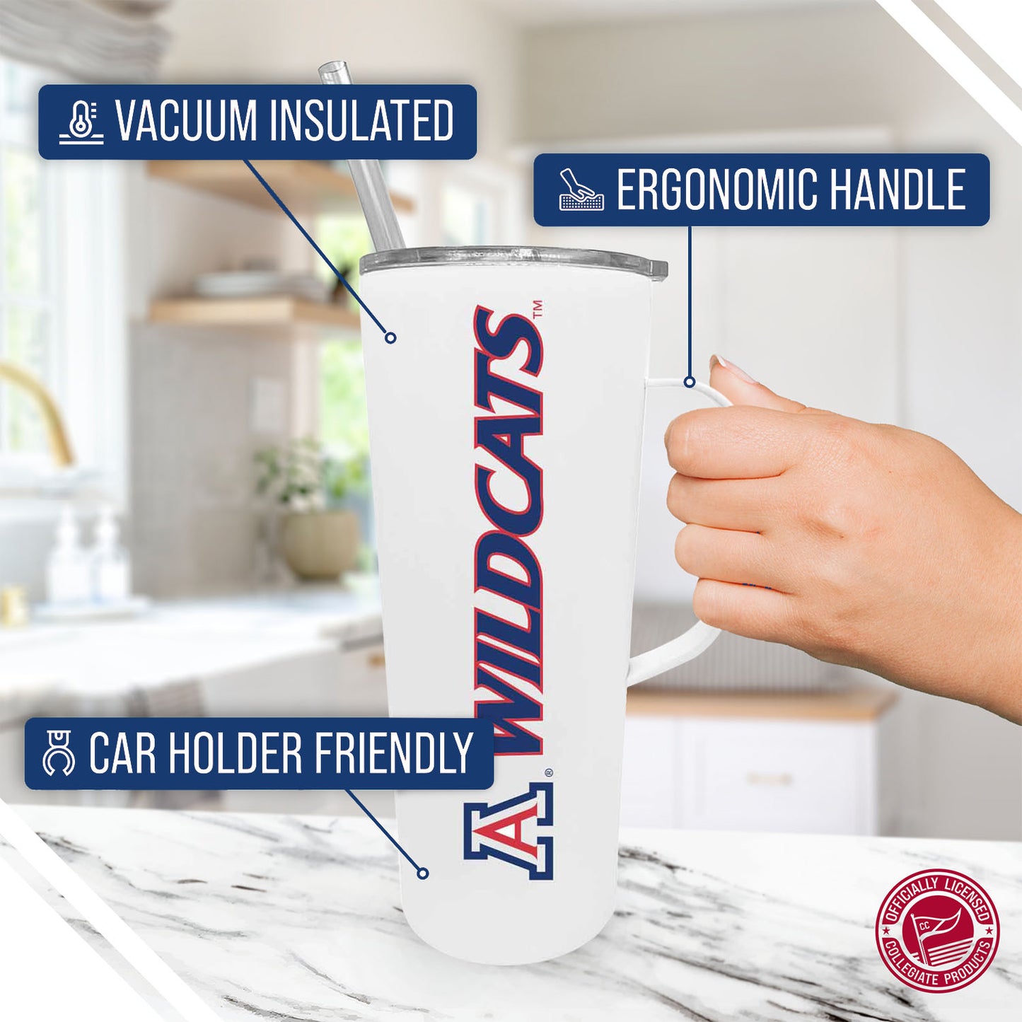 Arizona Wildcats NCAA Stainless Steel 20oz Roadie With Handle & Dual Option Lid With Straw - White