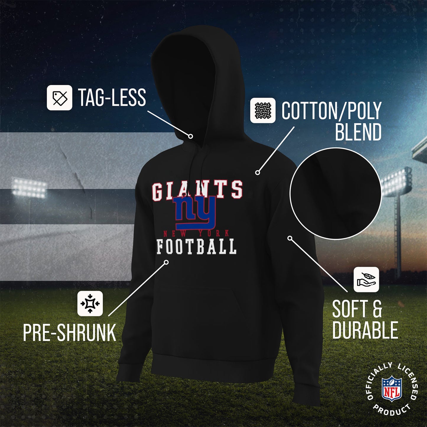 New York Giants NFL Core Fan Adult Hooded Sweatshirt - Black