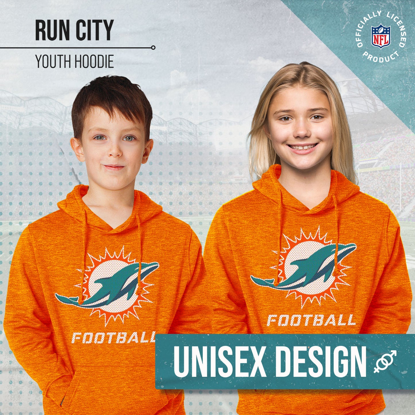 Miami Dolphins NFL Youth Run City Hoodie- Kids Pro Football Pullover Sweatshirt- Officially Licensed - Orange