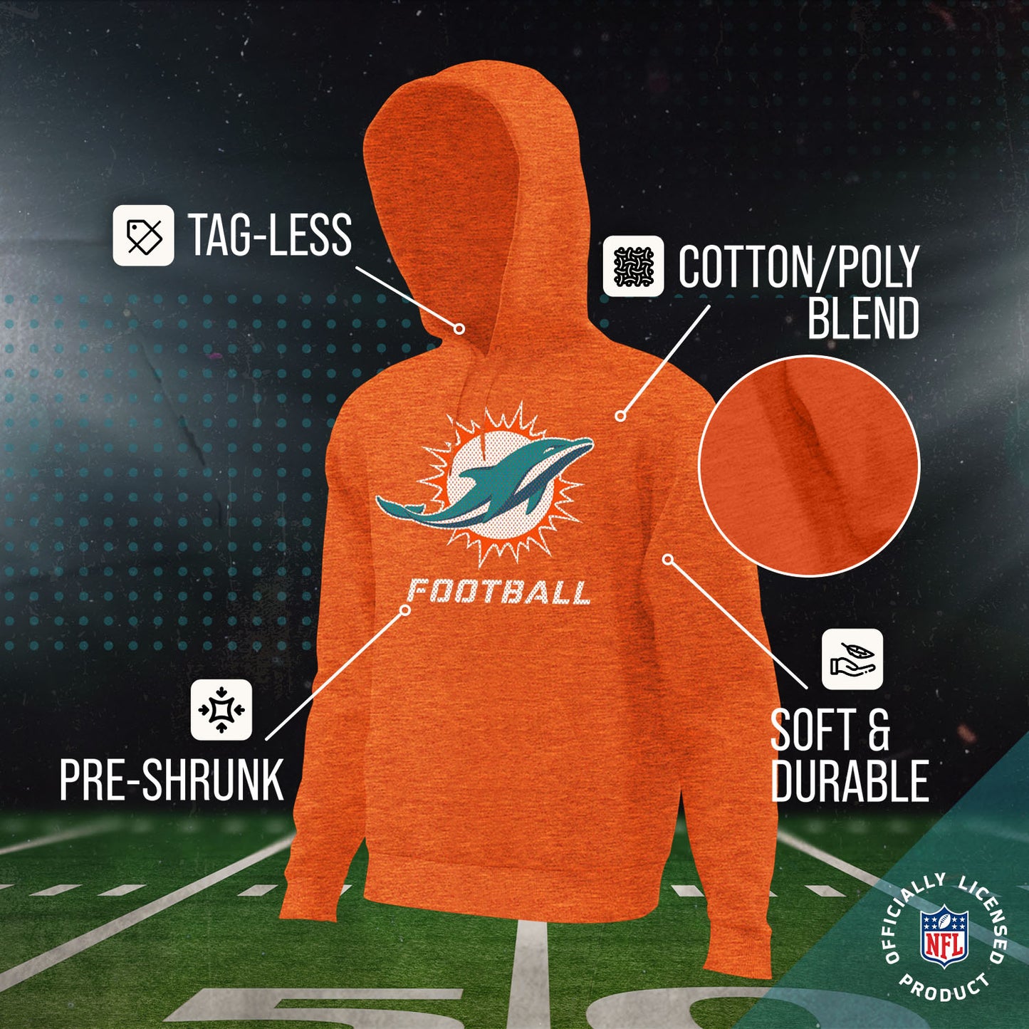 Miami Dolphins NFL Youth Run City Hoodie- Kids Pro Football Pullover Sweatshirt- Officially Licensed - Orange