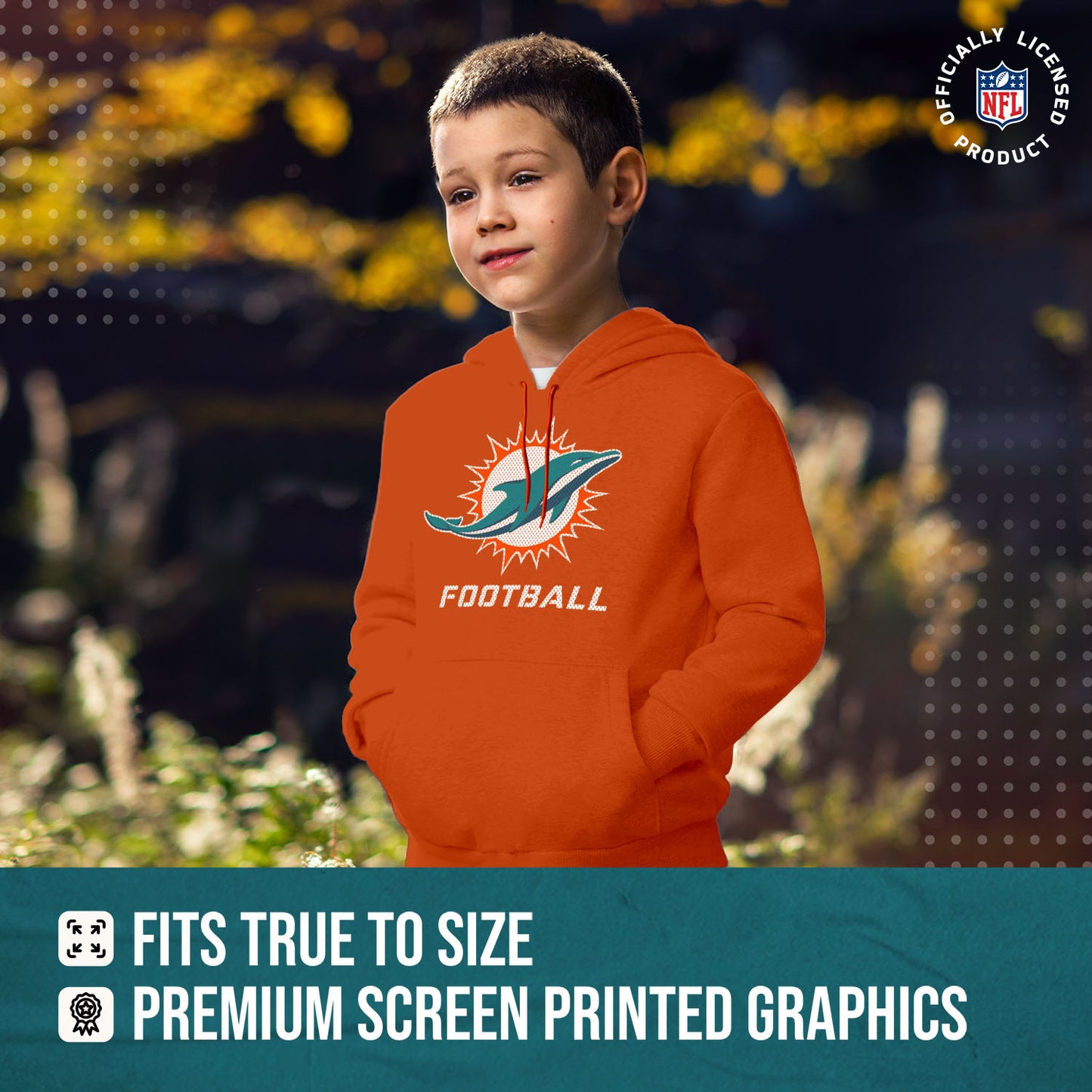 Miami Dolphins NFL Youth Run City Hoodie- Kids Pro Football Pullover Sweatshirt- Officially Licensed - Orange