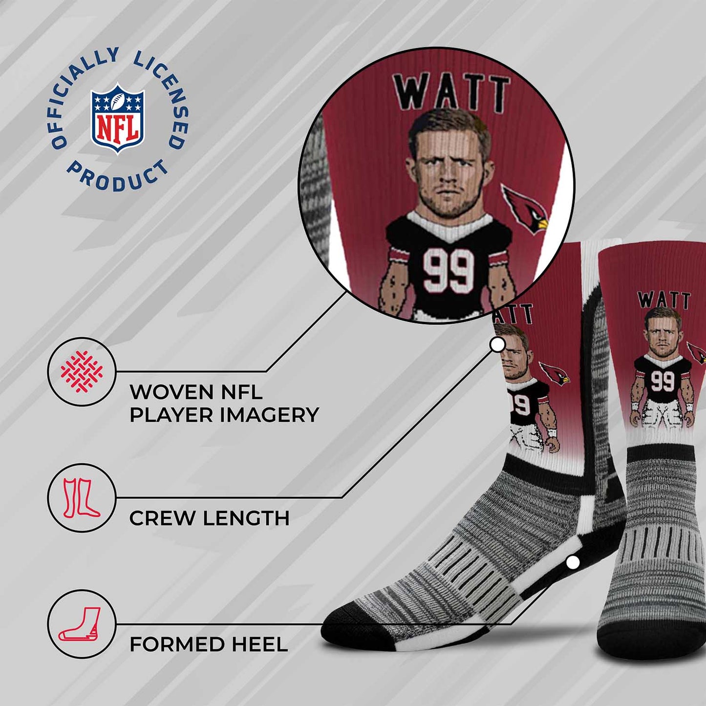 Arizona Cardinals FBF NFL Youth V Curve MVP J.J. Watt Player Crew Socks - Cardinal #99