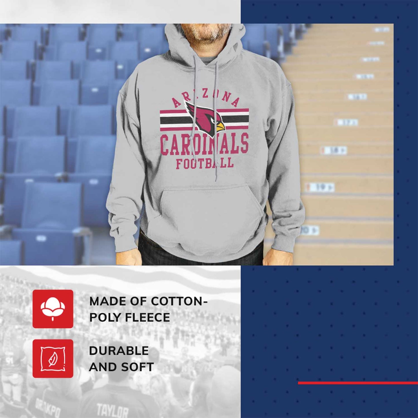 Arizona Cardinals NFL Team Stripe Hooded Sweatshirt- Soft Pullover Sports Hoodie For Men & Women - Sport Gray