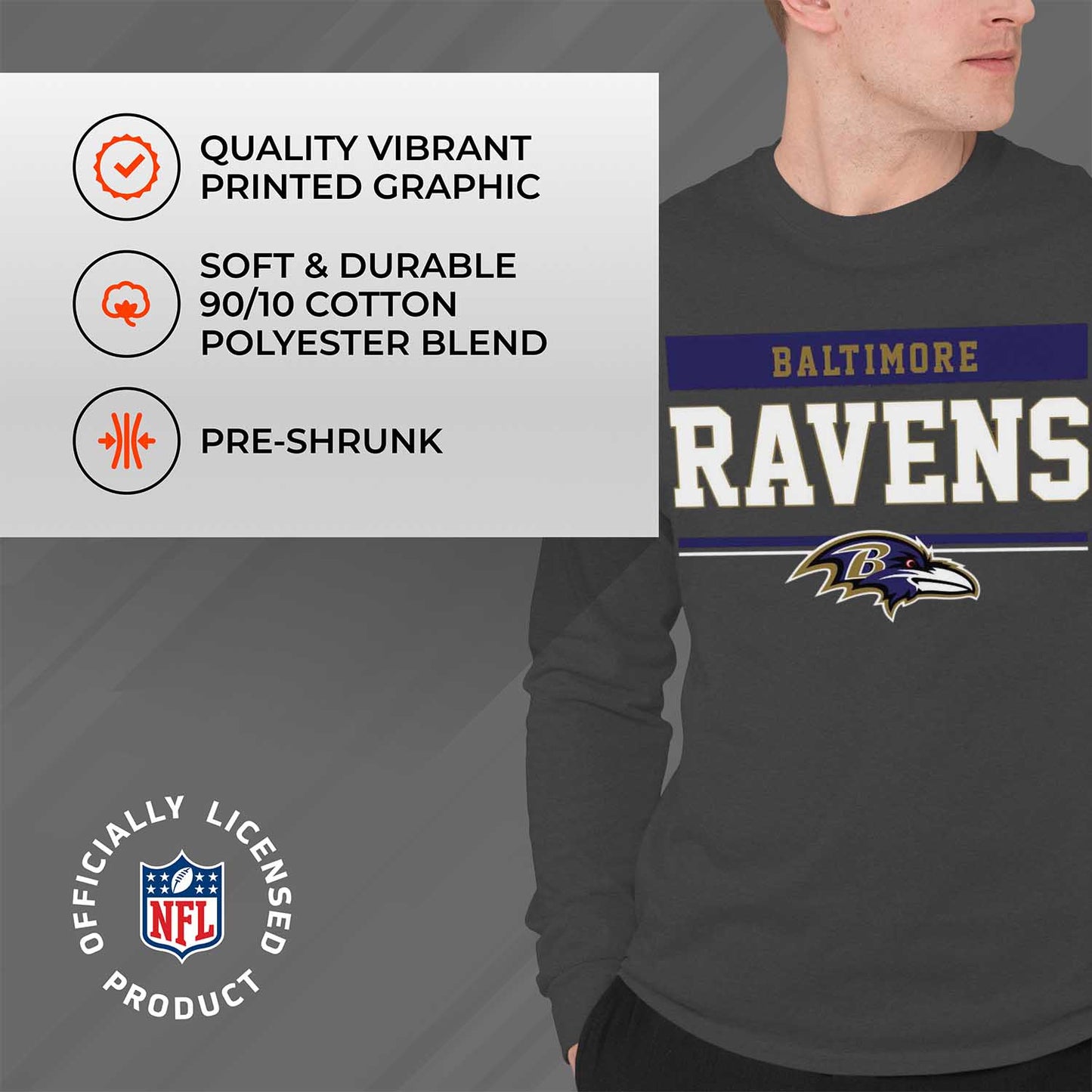 Baltimore Ravens NFL Adult Charcoal Long Sleeve T Shirt - Charcoal