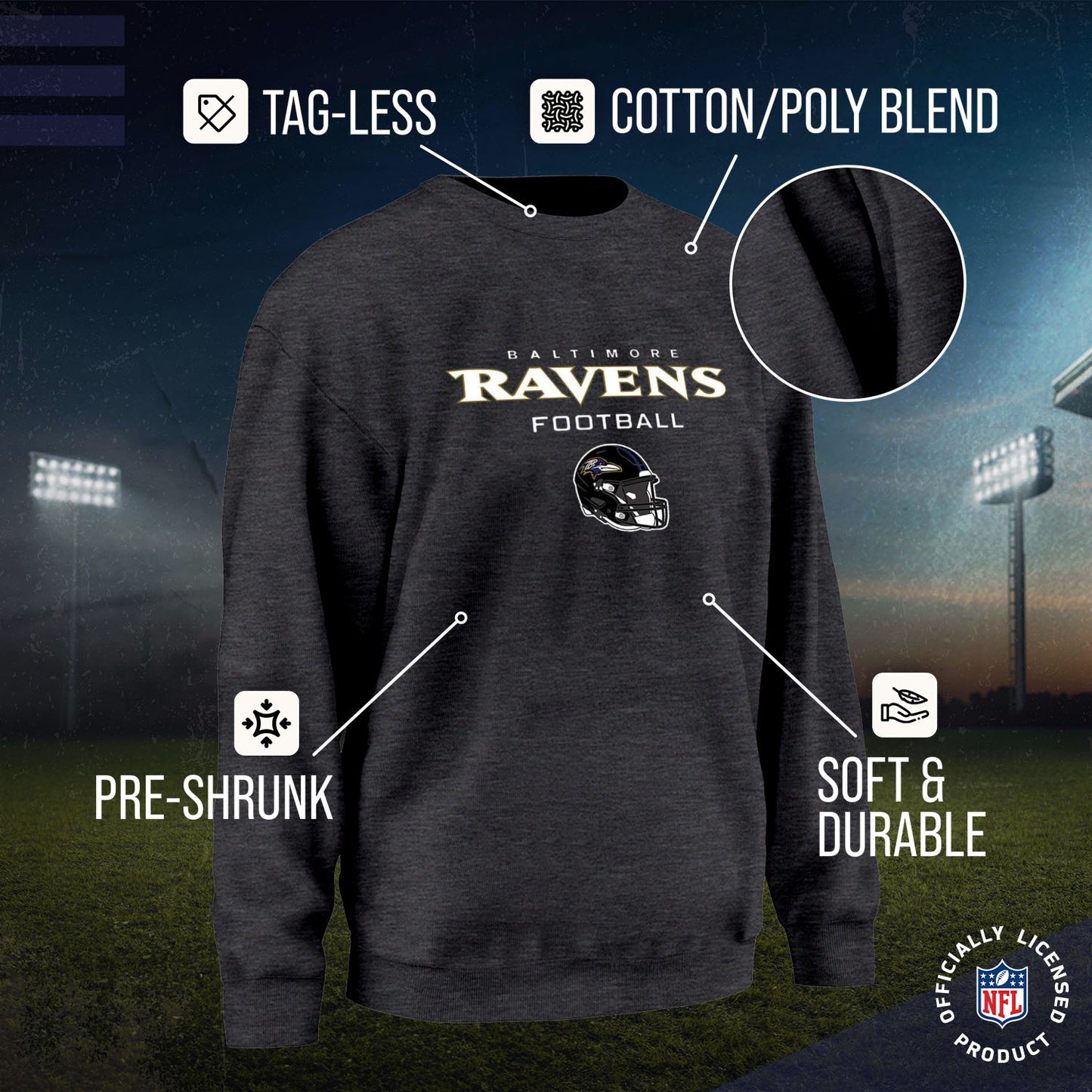 Baltimore Ravens Adult NFL Football Helmet Heather Crewneck Sweatshirt - Charcoal