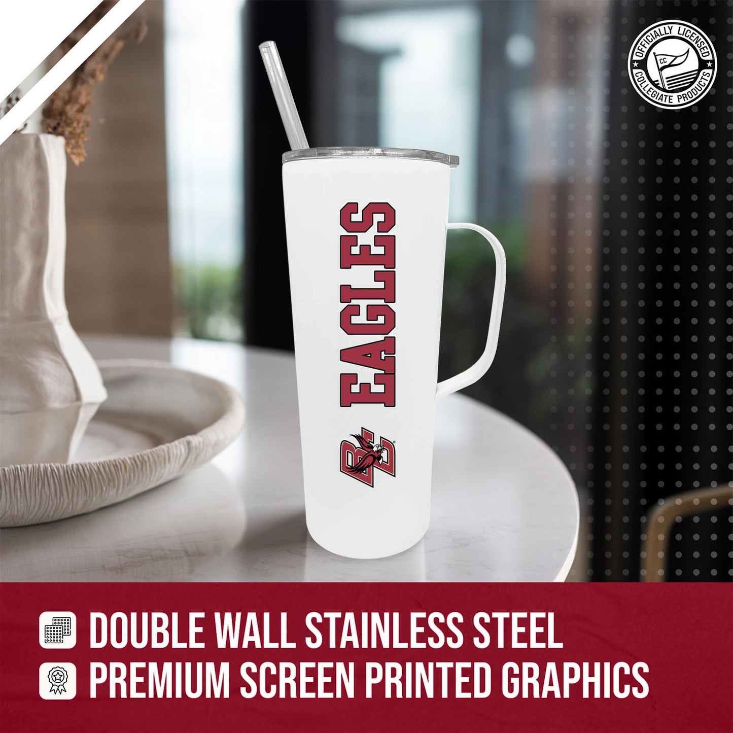 Boston College Eagles NCAA Stainless Steel 20oz Roadie With Handle & Dual Option Lid With Straw - White
