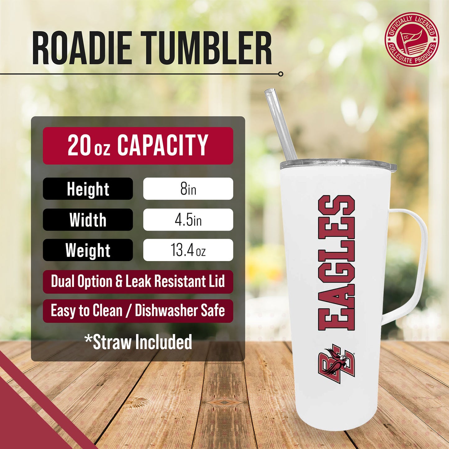 Boston College Eagles NCAA Stainless Steel 20oz Roadie With Handle & Dual Option Lid With Straw - White