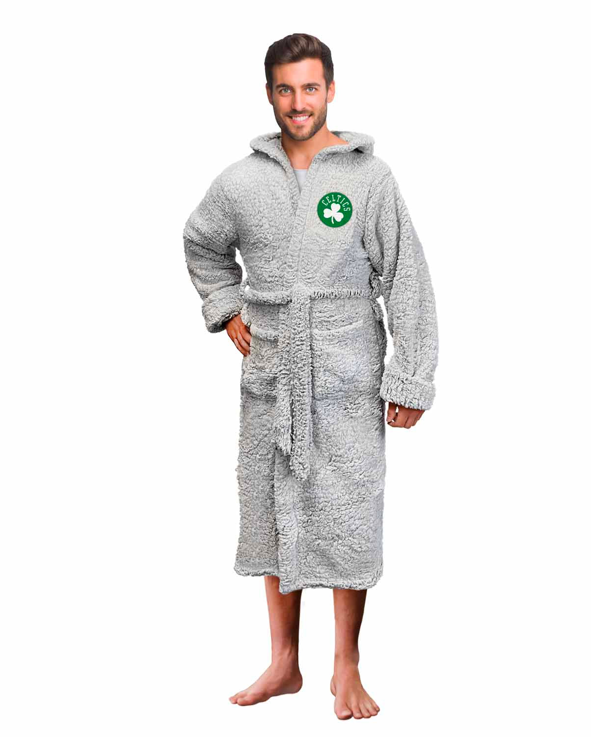 Boston Celtics NBA Adult Plush Hooded Robe with Pockets - Gray